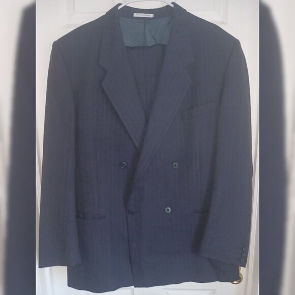 Vintage Yves Saint Laurent Men's Wool Blue Double Breasted Pinstripe Suit 46 - Picture 1 of 12